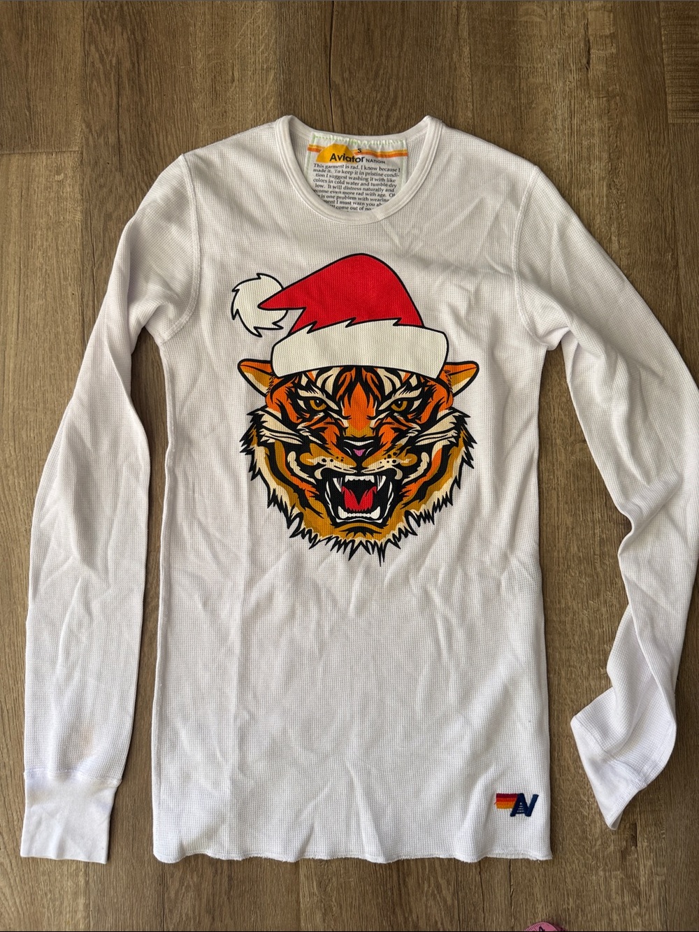 New Aviator Nation White Long Sleeve waffle Tee thermal Tiger Small